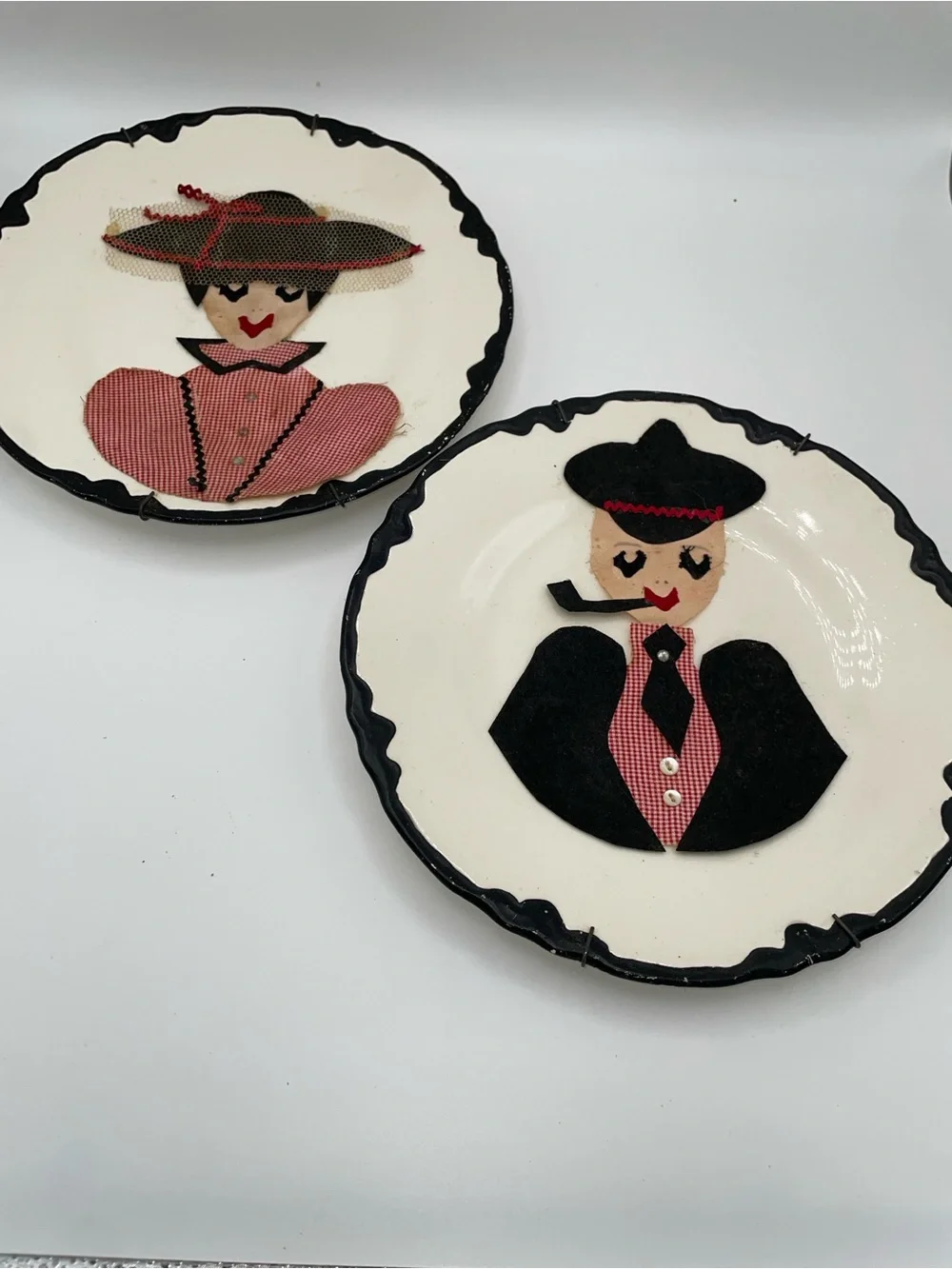 Vintage Decorative Plate Pair — Black and Pink Lady & Gentleman Motif